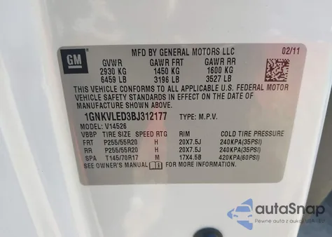 2011 Chevrolet Traverse Ltz from USA, damaged, VIN 1GNKVLED3BJ312177
